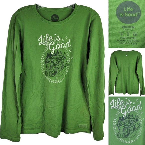 Life is Good Womens Small Dog Sled Long Sleeve Green Tee T-shirt - Picture 1 of 8